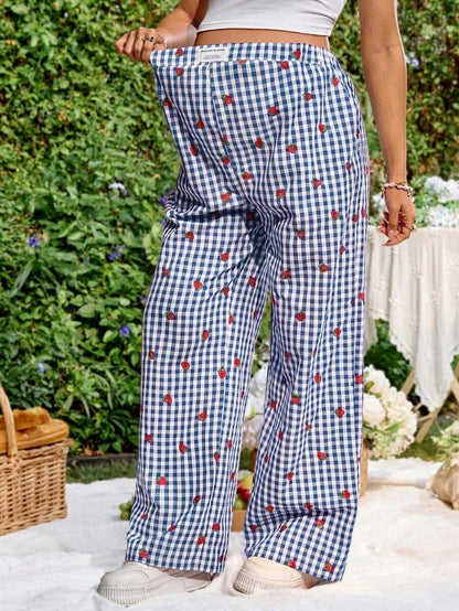 Blue and White Strawberry Plaid Maternity Pants - Boho Ultra High Waist Straight Leg Trousers - Loose Fit Spring Fall Maternity Bottoms
