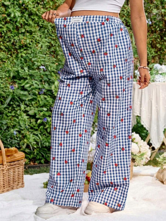Blue and White Strawberry Plaid Maternity Pants - Boho Ultra High Waist Straight Leg Trousers - Loose Fit Spring Fall Maternity Bottoms