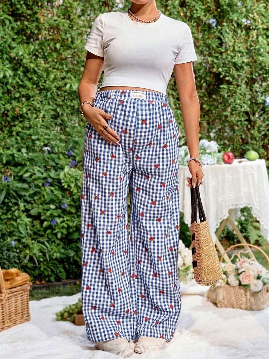 Blue and White Strawberry Plaid Maternity Pants - Boho Ultra High Waist Straight Leg Trousers - Loose Fit Spring Fall Maternity Bottoms