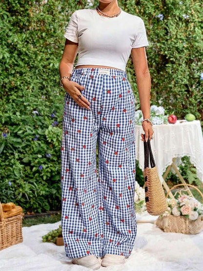 Blue and White Strawberry Plaid Maternity Pants - Boho Ultra High Waist Straight Leg Trousers - Loose Fit Spring Fall Maternity Bottoms