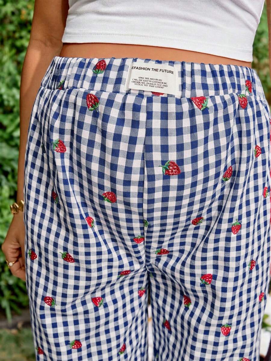 Blue and White Strawberry Plaid Maternity Pants - Boho Ultra High Waist Straight Leg Trousers - Loose Fit Spring Fall Maternity Bottoms