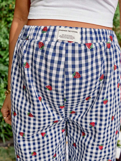 Blue and White Strawberry Plaid Maternity Pants - Boho Ultra High Waist Straight Leg Trousers - Loose Fit Spring Fall Maternity Bottoms