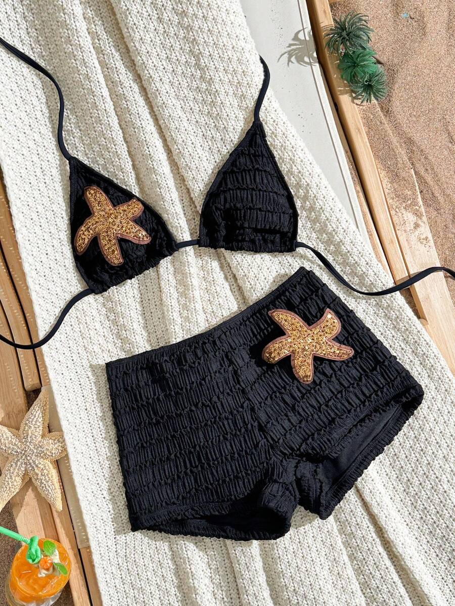 Women's 2-Piece Textured Bikini Set - Starfish Decor Halter, Tie Waist Shorts, Pale Yellow