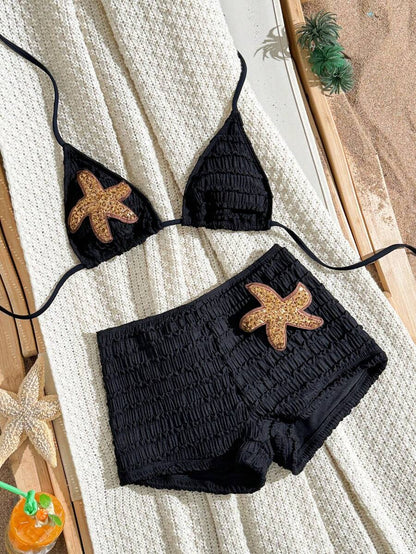 Women's 2-Piece Textured Bikini Set - Starfish Decor Halter, Tie Waist Shorts, Pale Yellow