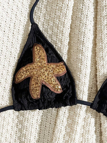 Women's 2-Piece Textured Bikini Set - Starfish Decor Halter, Tie Waist Shorts, Pale Yellow