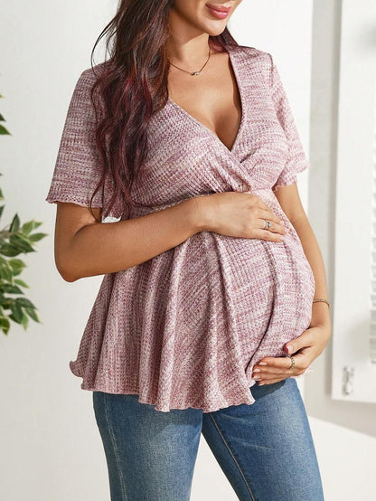 Pink All Over Print Maternity Crossover Ruffle Hem T-Shirt - Slim Fit Deep V Neck Short Sleeve Summer Blouse - High Stretch Bump Friendly Top