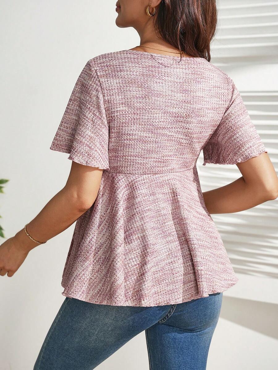 Pink All Over Print Maternity Crossover Ruffle Hem T-Shirt - Slim Fit Deep V Neck Short Sleeve Summer Blouse - High Stretch Bump Friendly Top