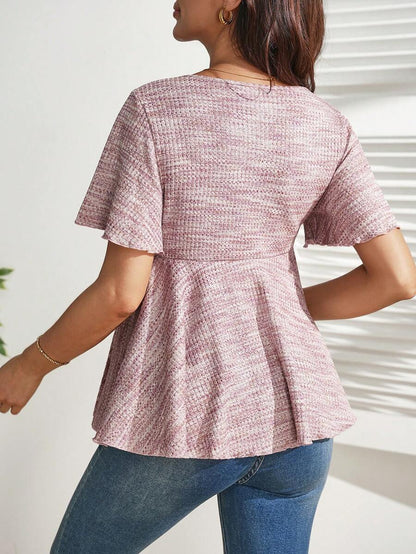 Pink All Over Print Maternity Crossover Ruffle Hem T-Shirt - Slim Fit Deep V Neck Short Sleeve Summer Blouse - High Stretch Bump Friendly Top