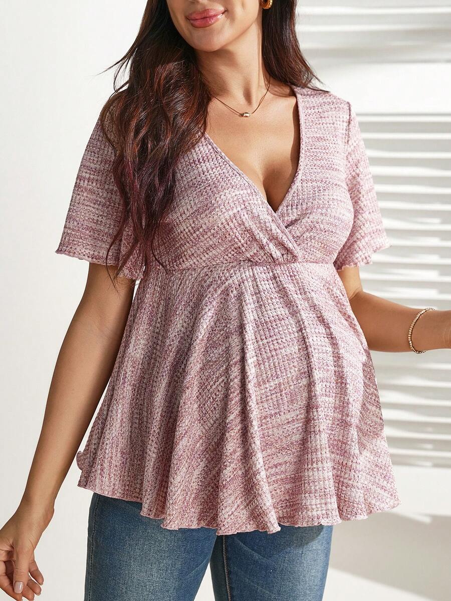Pink All Over Print Maternity Crossover Ruffle Hem T-Shirt - Slim Fit Deep V Neck Short Sleeve Summer Blouse - High Stretch Bump Friendly Top