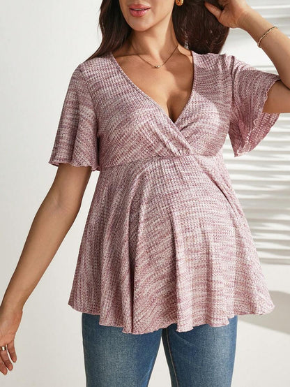 Pink All Over Print Maternity Crossover Ruffle Hem T-Shirt - Slim Fit Deep V Neck Short Sleeve Summer Blouse - High Stretch Bump Friendly Top