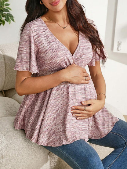 Pink All Over Print Maternity Crossover Ruffle Hem T-Shirt - Slim Fit Deep V Neck Short Sleeve Summer Blouse - High Stretch Bump Friendly Top