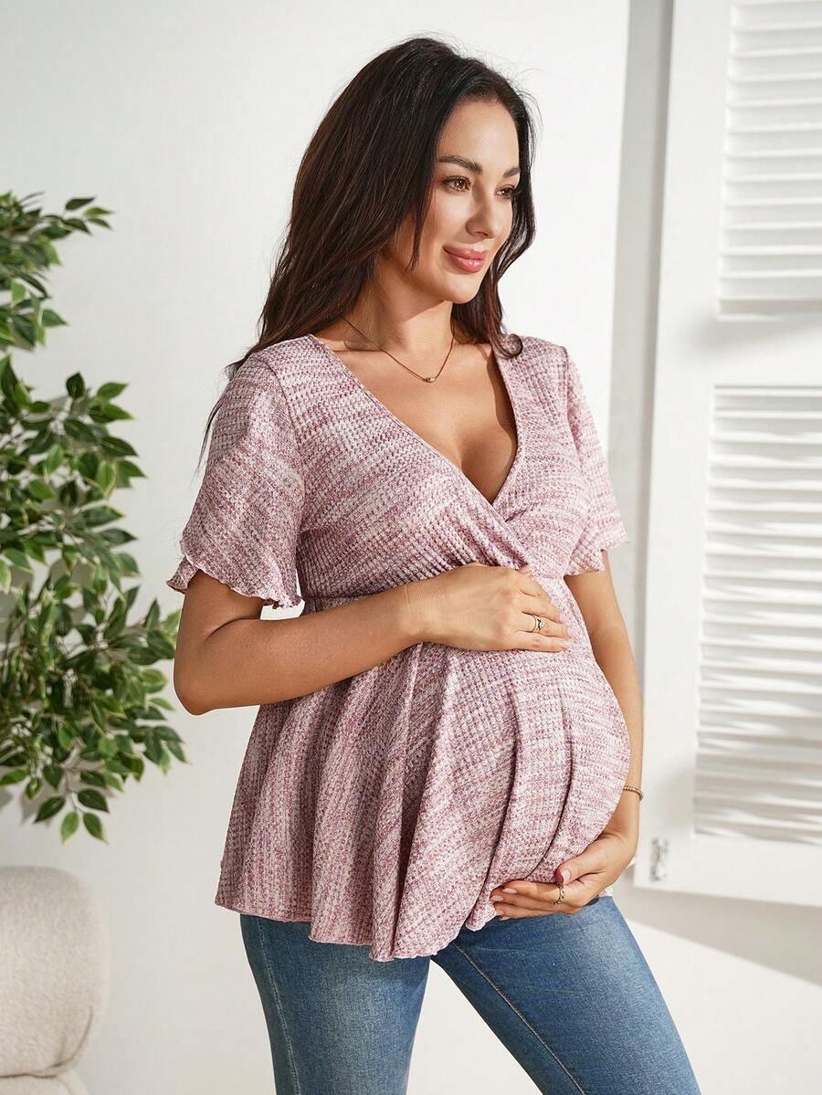 Pink All Over Print Maternity Crossover Ruffle Hem T-Shirt - Slim Fit Deep V Neck Short Sleeve Summer Blouse - High Stretch Bump Friendly Top