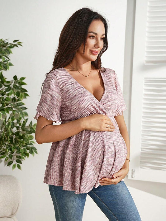 Pink All Over Print Maternity Crossover Ruffle Hem T-Shirt - Slim Fit Deep V Neck Short Sleeve Summer Blouse - High Stretch Bump Friendly Top