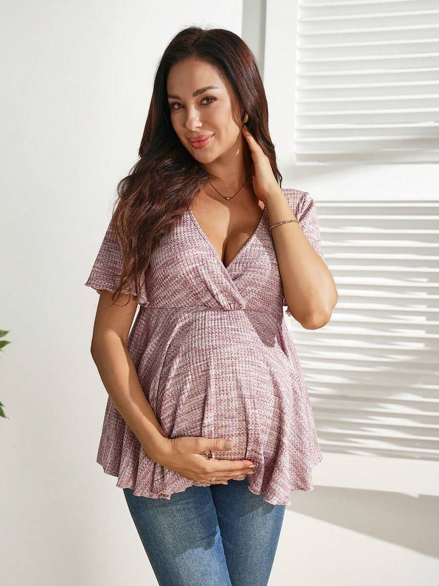 Pink All Over Print Maternity Crossover Ruffle Hem T-Shirt - Slim Fit Deep V Neck Short Sleeve Summer Blouse - High Stretch Bump Friendly Top
