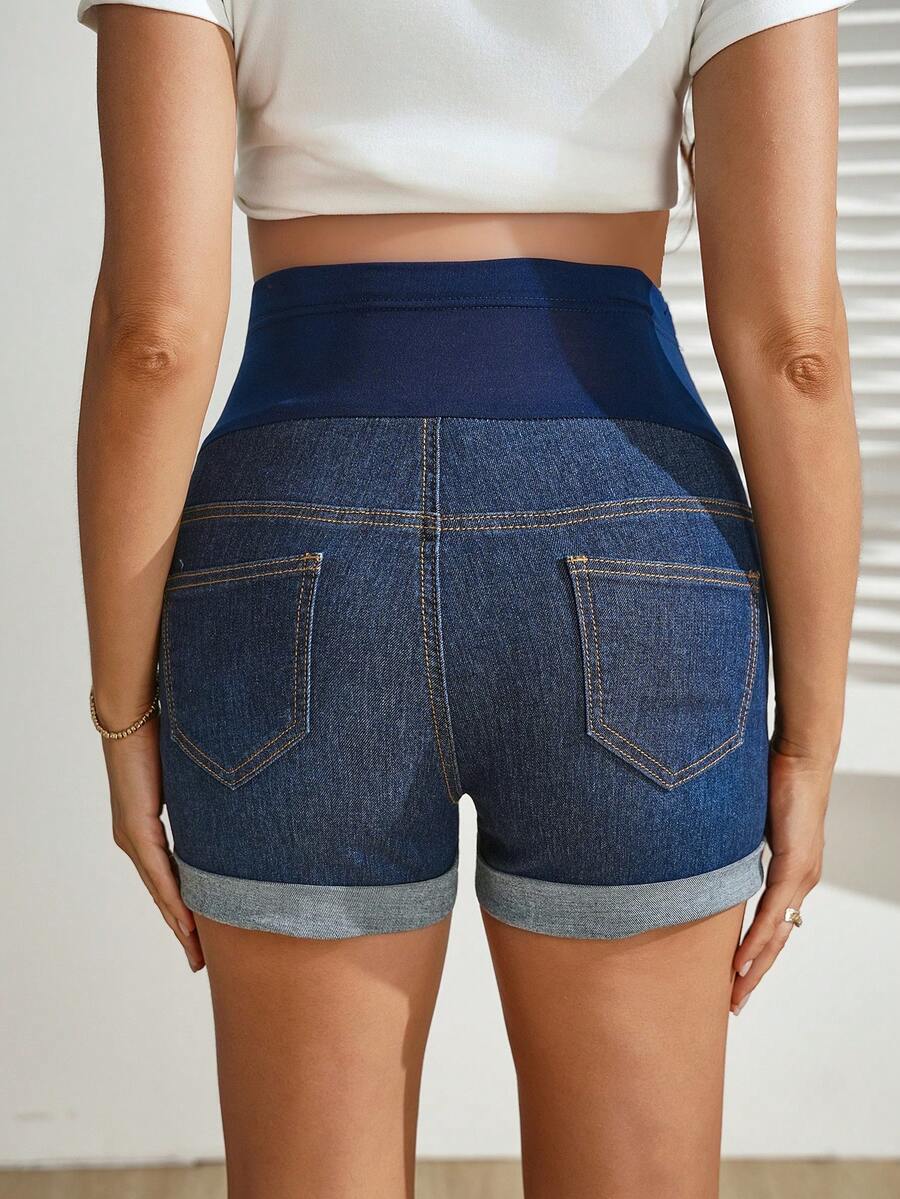 Dark Wash Denim Maternity Shorts with High Stretch Elastic Waist and Frayed Hem - Comfortable Skinny Fit Pregnancy Jean Shorts
