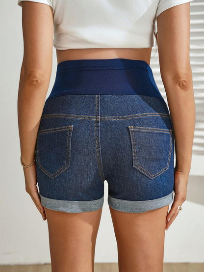 Dark Wash Denim Maternity Shorts with High Stretch Elastic Waist and Frayed Hem - Comfortable Skinny Fit Pregnancy Jean Shorts