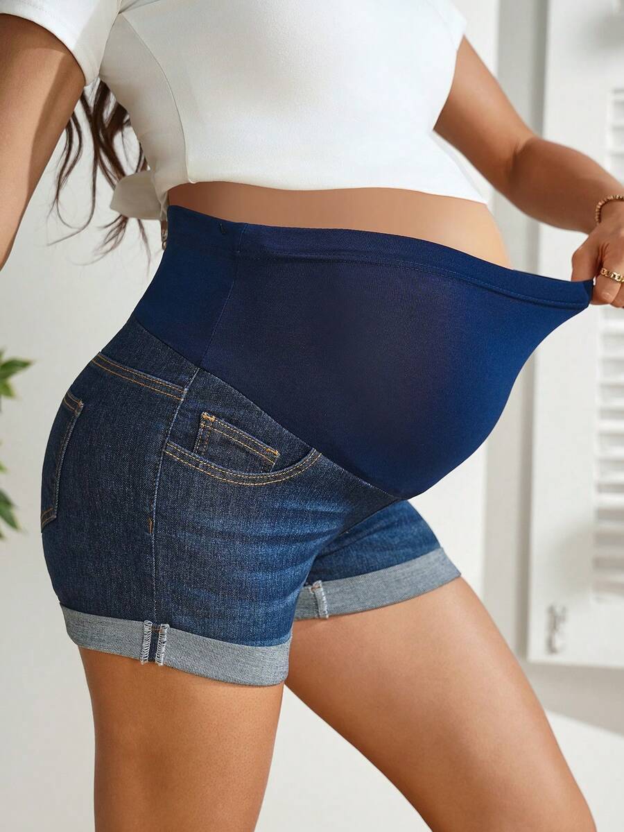Dark Wash Denim Maternity Shorts with High Stretch Elastic Waist and Frayed Hem - Comfortable Skinny Fit Pregnancy Jean Shorts