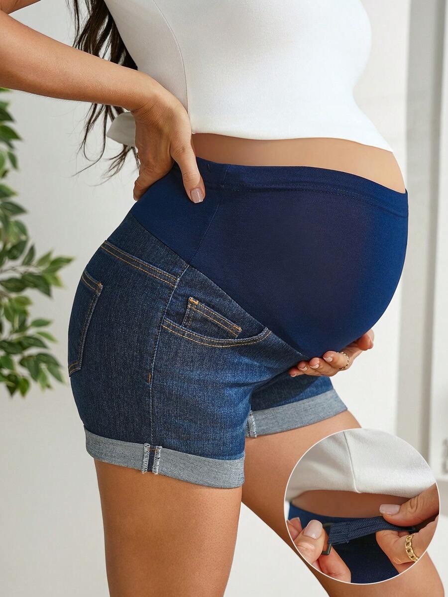 Dark Wash Denim Maternity Shorts with High Stretch Elastic Waist and Frayed Hem - Comfortable Skinny Fit Pregnancy Jean Shorts