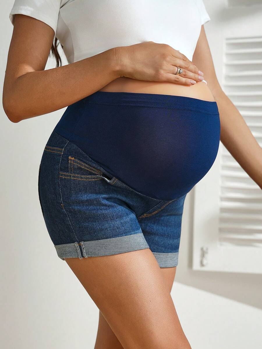 Dark Wash Denim Maternity Shorts with High Stretch Elastic Waist and Frayed Hem - Comfortable Skinny Fit Pregnancy Jean Shorts