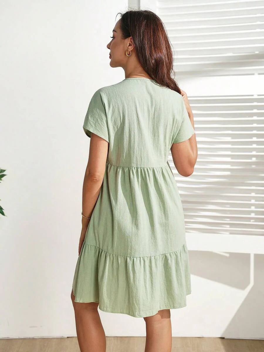 Mint Green V Neck Tiered Maternity Mini Dress - Cute Batwing Sleeve A-Line Cotton Dress - Loose Fit High Waist Summer Vacation Outfit