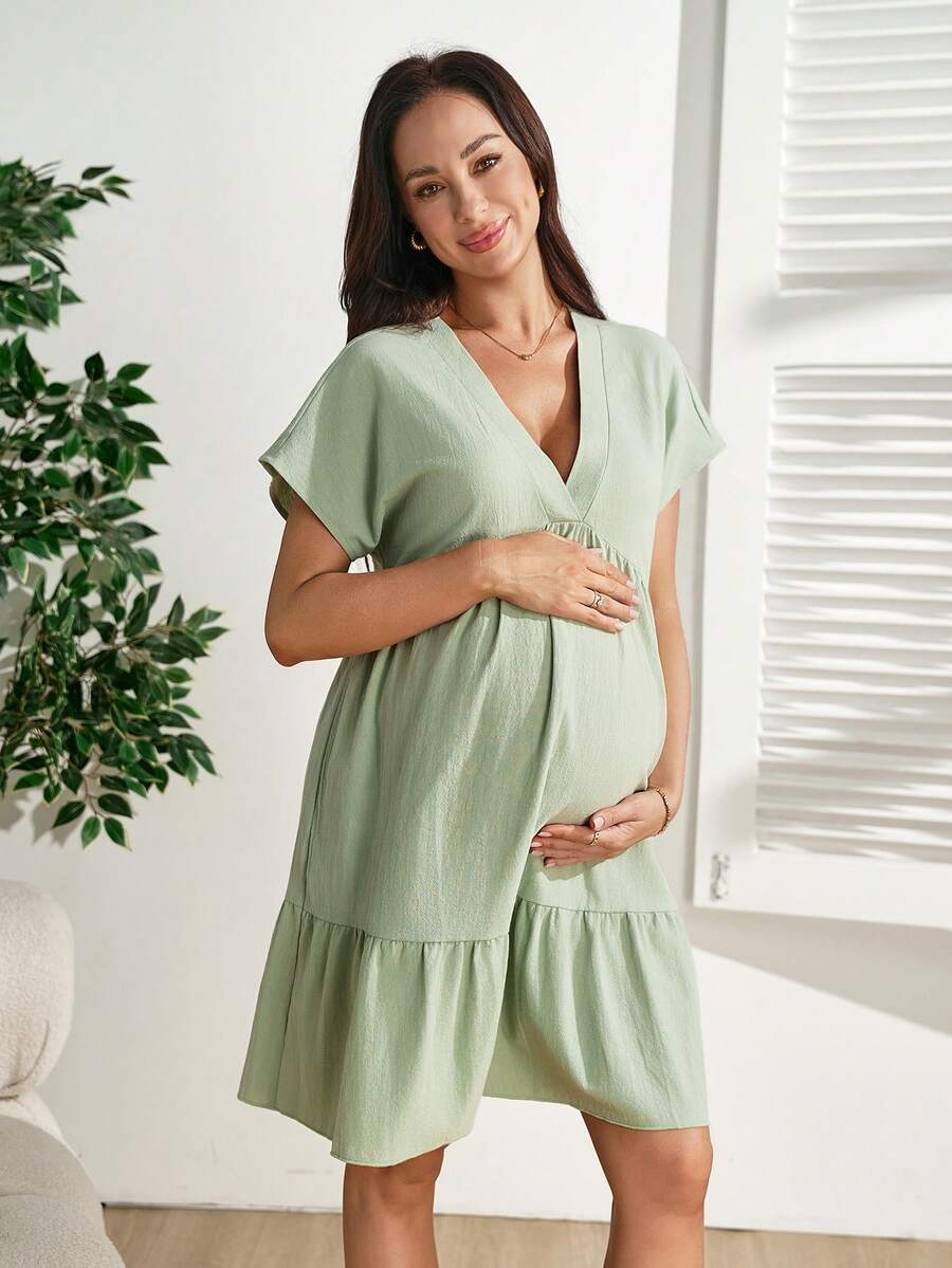 Mint Green V Neck Tiered Maternity Mini Dress - Cute Batwing Sleeve A-Line Cotton Dress - Loose Fit High Waist Summer Vacation Outfit