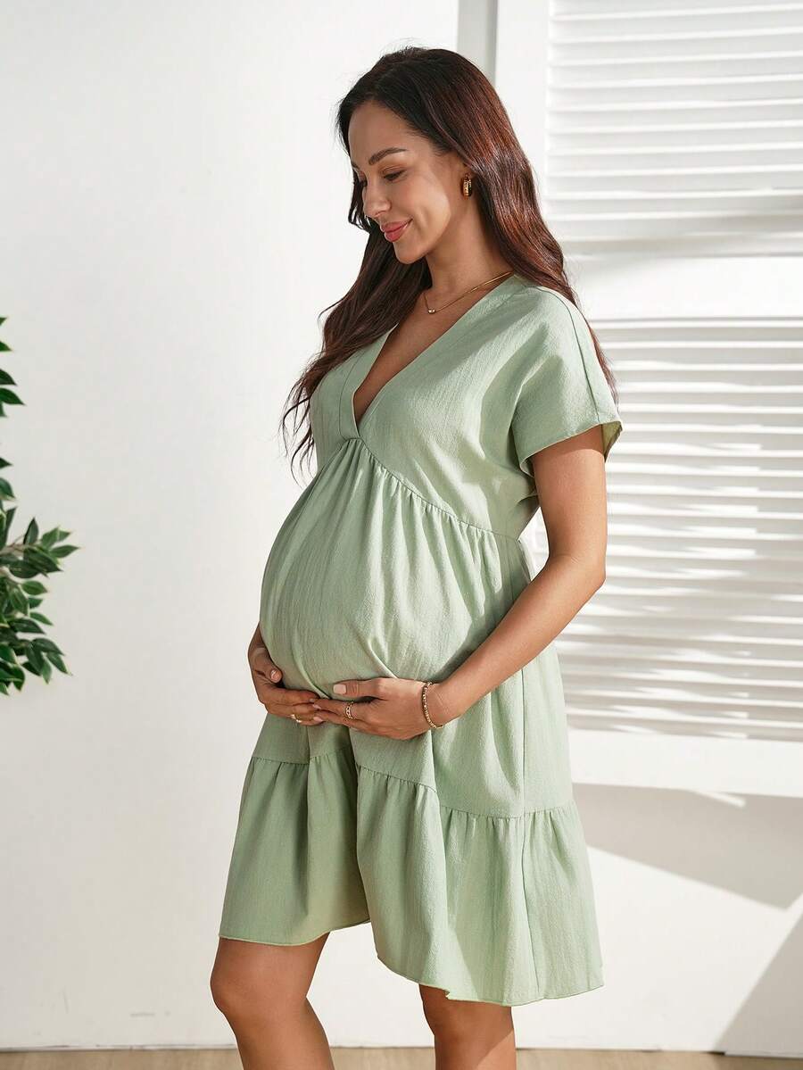 Mint Green V Neck Tiered Maternity Mini Dress - Cute Batwing Sleeve A-Line Cotton Dress - Loose Fit High Waist Summer Vacation Outfit