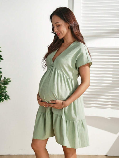 Mint Green V Neck Tiered Maternity Mini Dress - Cute Batwing Sleeve A-Line Cotton Dress - Loose Fit High Waist Summer Vacation Outfit
