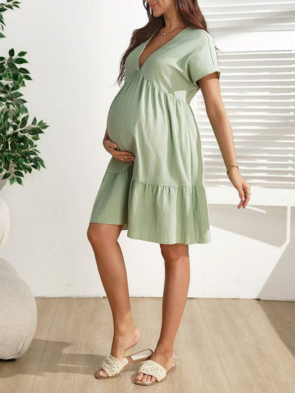 Mint Green V Neck Tiered Maternity Mini Dress - Cute Batwing Sleeve A-Line Cotton Dress - Loose Fit High Waist Summer Vacation Outfit
