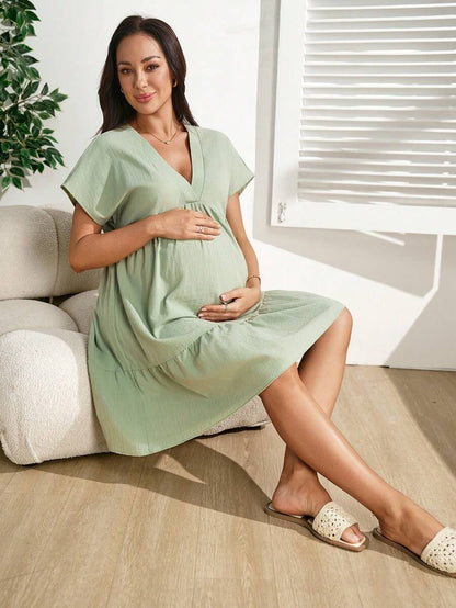 Mint Green V Neck Tiered Maternity Mini Dress - Cute Batwing Sleeve A-Line Cotton Dress - Loose Fit High Waist Summer Vacation Outfit