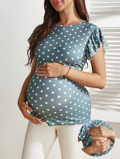 Green Polka Dot Maternity Nursing Top with Petal Sleeves Slim Fit High Stretch Round Neck Pregnancy T-Shirt for Home and Casual Wear