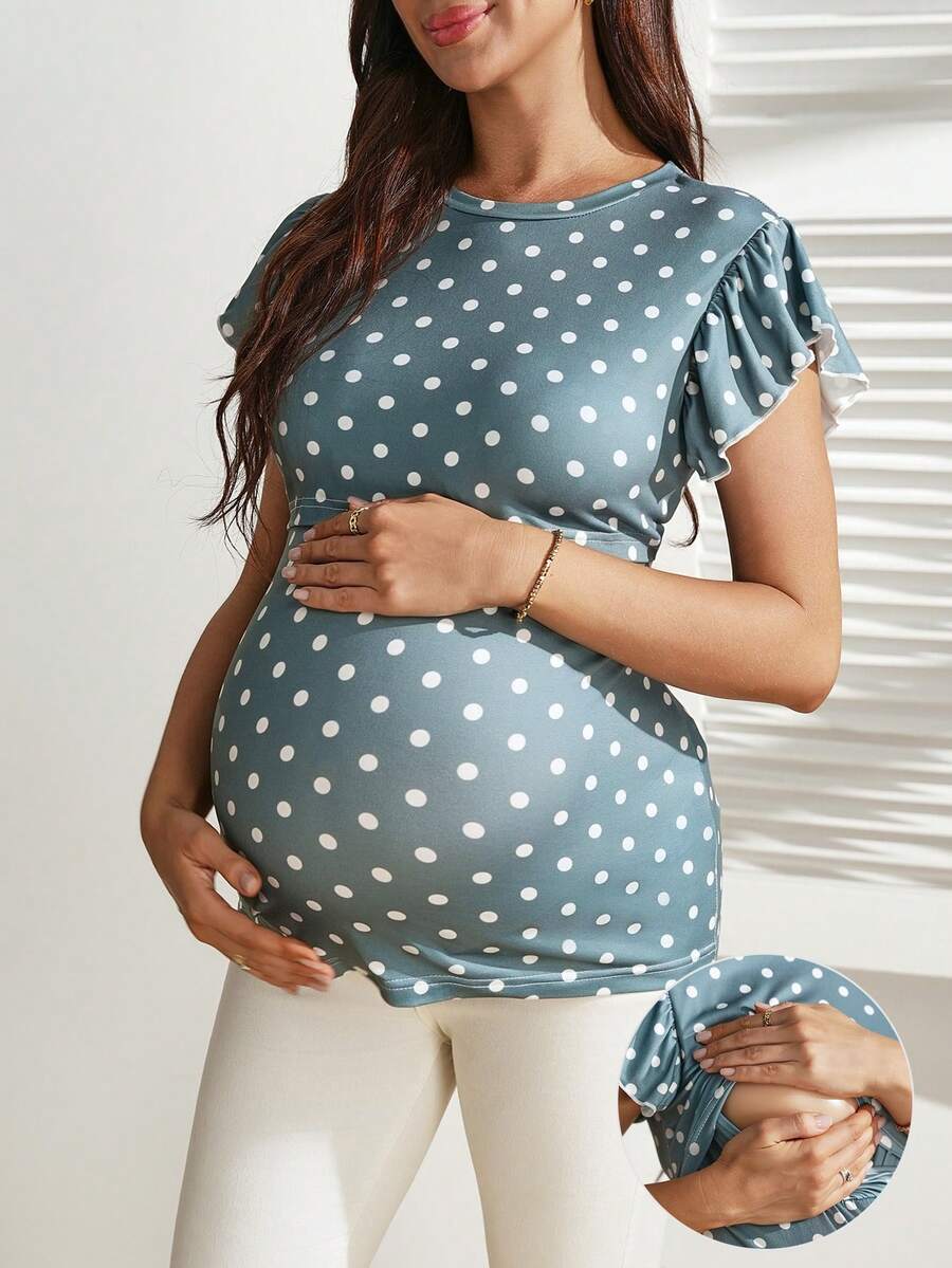 Green Polka Dot Maternity Nursing Top with Petal Sleeves Slim Fit High Stretch Round Neck Pregnancy T-Shirt for Home and Casual Wear
