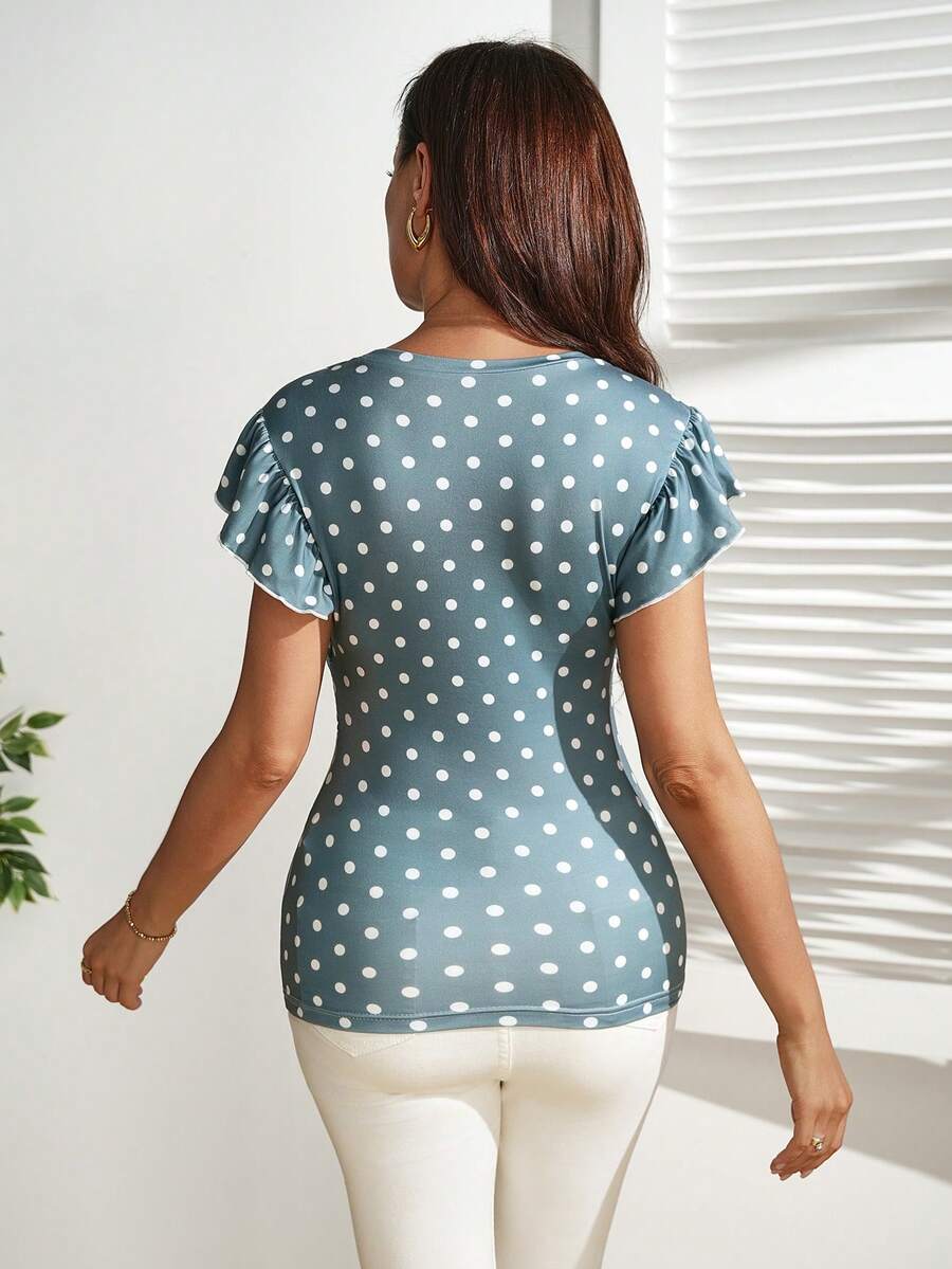 Green Polka Dot Maternity Nursing Top with Petal Sleeves Slim Fit High Stretch Round Neck Pregnancy T-Shirt for Home and Casual Wear