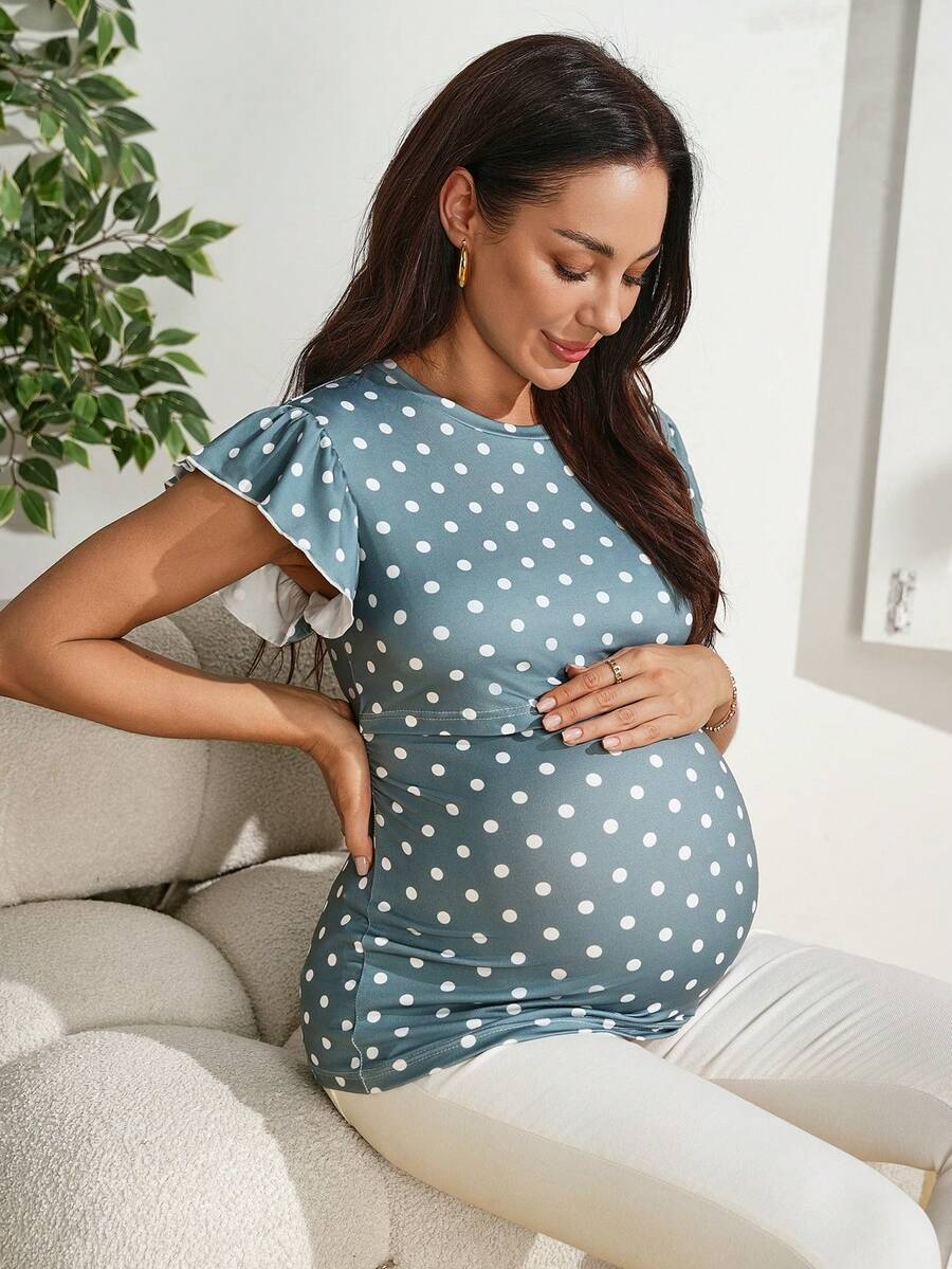 Green Polka Dot Maternity Nursing Top with Petal Sleeves Slim Fit High Stretch Round Neck Pregnancy T-Shirt for Home and Casual Wear