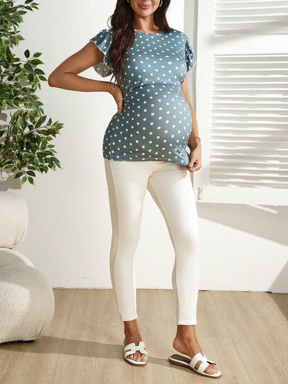 Green Polka Dot Maternity Nursing Top with Petal Sleeves Slim Fit High Stretch Round Neck Pregnancy T-Shirt for Home and Casual Wear