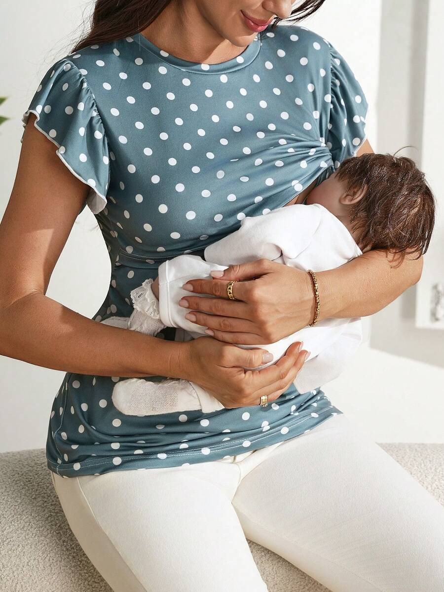 Green Polka Dot Maternity Nursing Top with Petal Sleeves Slim Fit High Stretch Round Neck Pregnancy T-Shirt for Home and Casual Wear