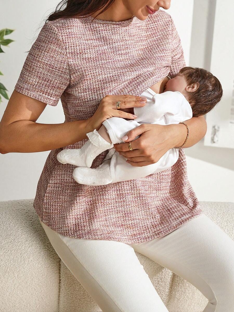 Multicolor V-Neck Nursing Top with Ruffle Sleeves – Slim Fit High Stretch Breastfeeding Blouse for New Moms and Beach Outfits
