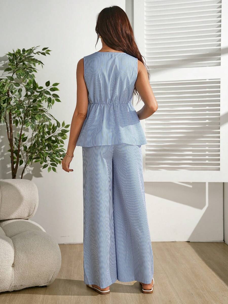 Blue Striped Maternity & Nursing Lounge Set – Sleeveless V-Neck Top & Adjustable Waist Long Pants 2-Piece Set for Office, Leisure, & Travel