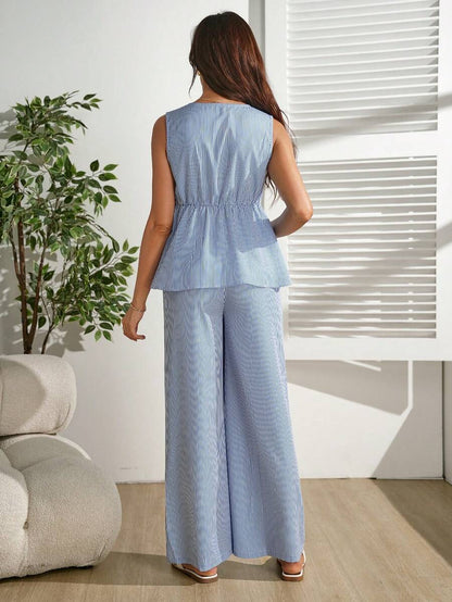 Blue Striped Maternity & Nursing Lounge Set – Sleeveless V-Neck Top & Adjustable Waist Long Pants 2-Piece Set for Office, Leisure, & Travel