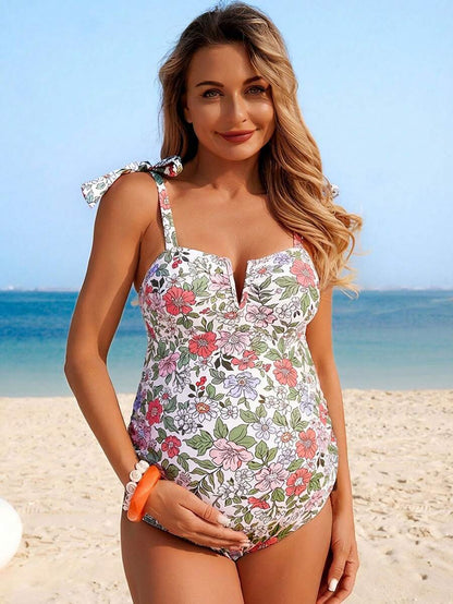 Maternity Jumpsuit - Floral V-Neck Bow-Tie Casual Summer Beach Pool Resort