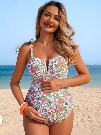 Maternity Jumpsuit - Floral V-Neck Bow-Tie Casual Summer Beach Pool Resort