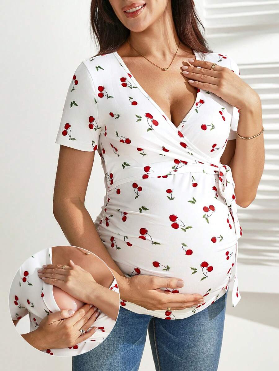 Cherry Print Short Sleeve Maternity and Nursing Top with V-Neck Wrap Tie Detail Slim Fit High Stretch Knitted Prenatal Shirt in Red and White