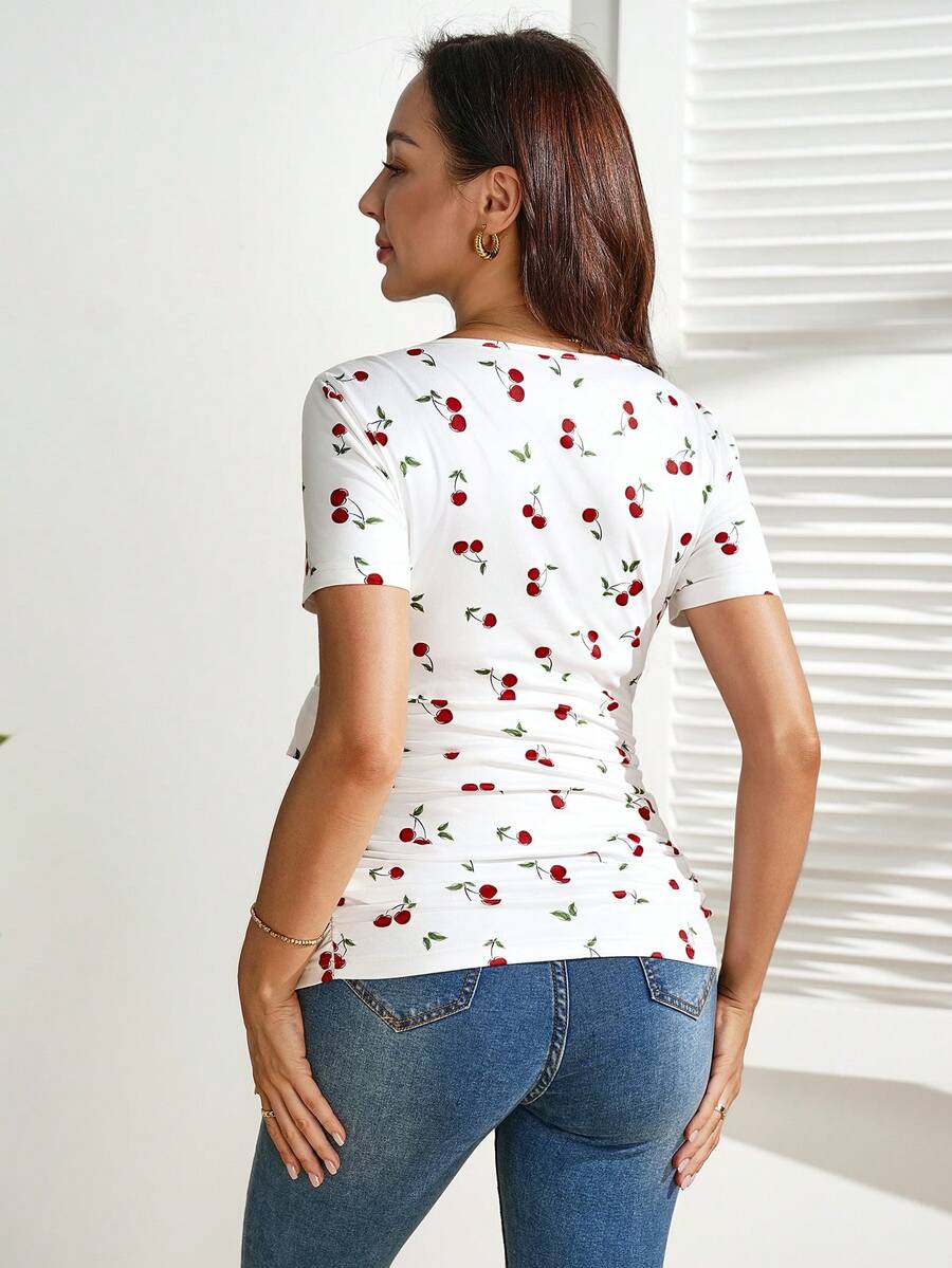 Cherry Print Short Sleeve Maternity and Nursing Top with V-Neck Wrap Tie Detail Slim Fit High Stretch Knitted Prenatal Shirt in Red and White