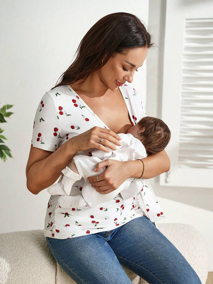 Cherry Print Short Sleeve Maternity and Nursing Top with V-Neck Wrap Tie Detail Slim Fit High Stretch Knitted Prenatal Shirt in Red and White