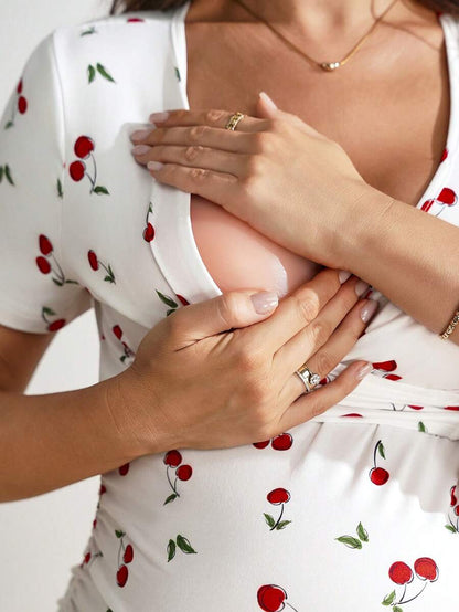 Cherry Print Short Sleeve Maternity and Nursing Top with V-Neck Wrap Tie Detail Slim Fit High Stretch Knitted Prenatal Shirt in Red and White
