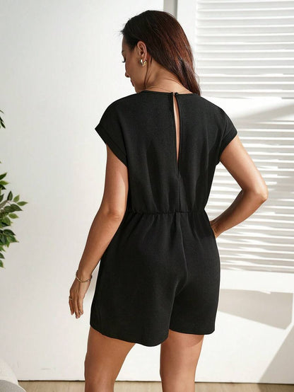 Black High Waist Maternity Romper – Loose Fit Batwing Sleeve Casual Summer Pregnancy Jumpsuit with Pockets and Decorative Drawstring