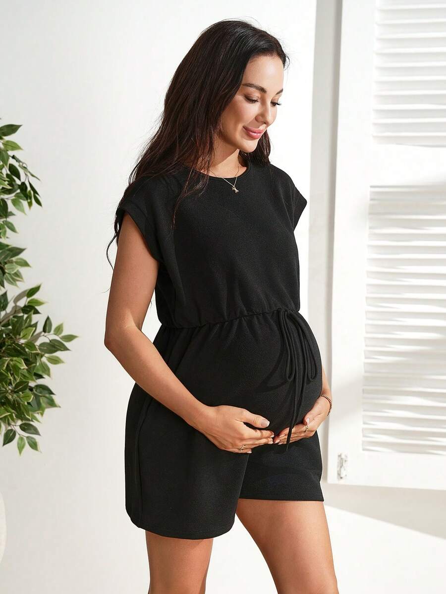 Black High Waist Maternity Romper – Loose Fit Batwing Sleeve Casual Summer Pregnancy Jumpsuit with Pockets and Decorative Drawstring