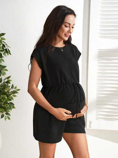 Black High Waist Maternity Romper – Loose Fit Batwing Sleeve Casual Summer Pregnancy Jumpsuit with Pockets and Decorative Drawstring