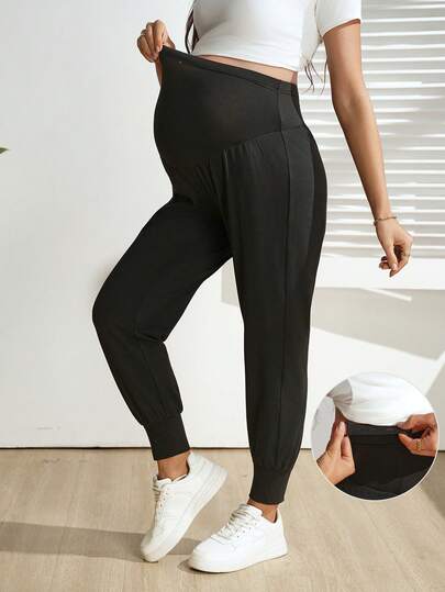 Maternity Jogger Pants - Drawstring Waist, Striped, High Stretch, Black