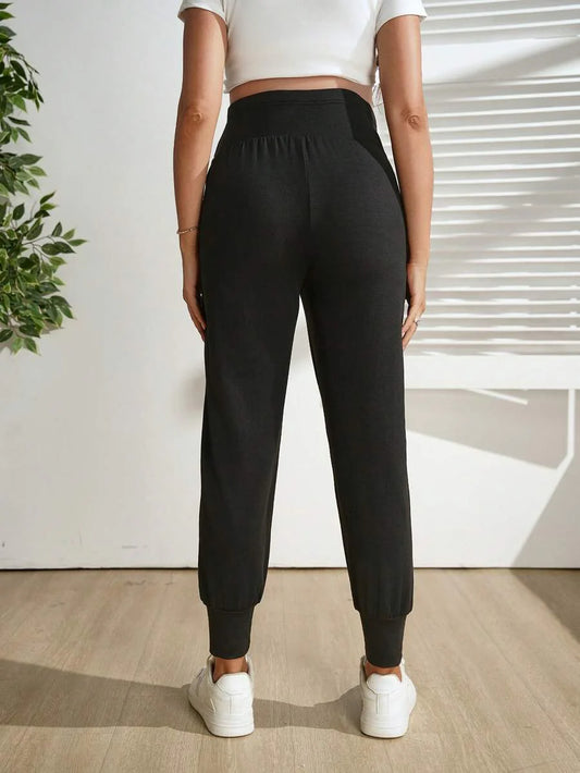 Maternity Jogger Pants - Drawstring Waist, Striped, High Stretch, Black