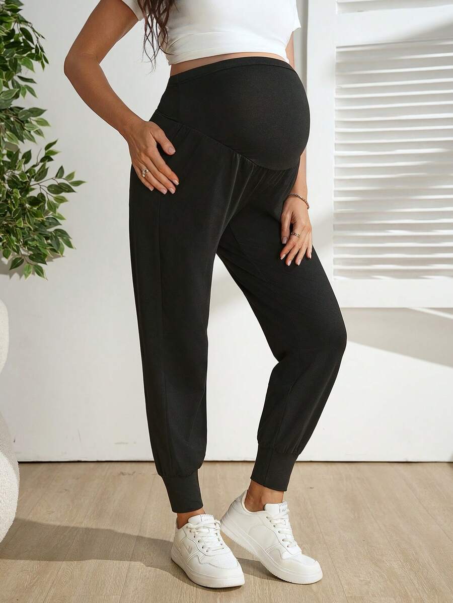 Maternity Jogger Pants - Drawstring Waist, Striped, High Stretch, Black